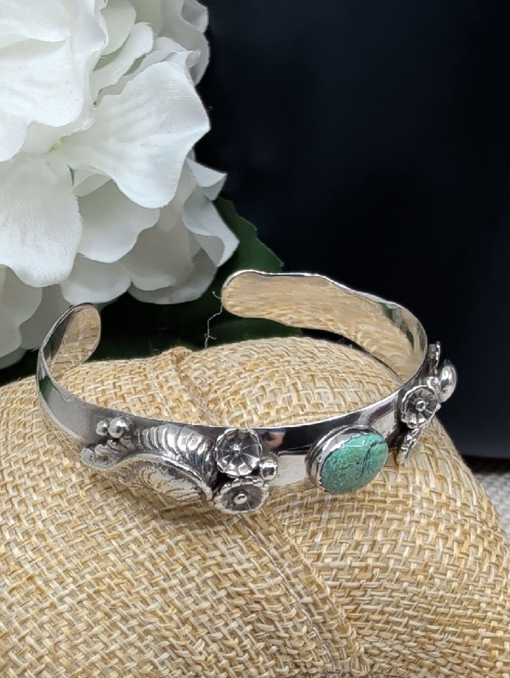 Vintage Artisan 925 Sterling Silver Turquoise Floral Cuff Bracelet Southwest - Picture 3 of 17